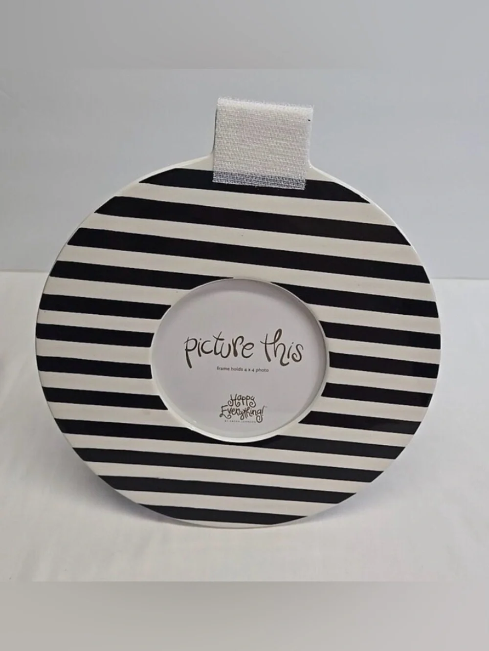 Happy Everything Black & White Striped Round Photo Frame